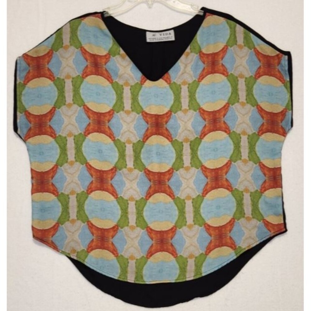 Vida Multicolor Geometric Boxy Top Blouse Size Small Oversized Classic Office